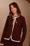 Women's Contrast-Piped Bow-Collar 2-Piece Knit Skirt Modest Set 3282 Brown - 3
