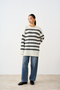 Women's Crew Neck Striped Knit Sweater, Cream - 3