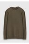 Khaki Crew Neck Corded Fabric Wool Blend Knit Sweater - 7