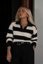 Women's Polo Collar Black and Ecru Striped Soft-Textured Sweater - 2