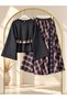 Women's Belted Batwing Sleeve Plaid Skirt Set, Black - 2