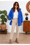 Women's Cobalt Hooded Plush Jacket with Ribbed Sleeve Detail—Oversized Winter Coat