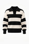 Women's Polo Collar Black and Ecru Striped Soft-Textured Sweater - 4