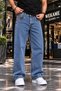 Men's Baggy High Denim Jean Snow Wash Pants - 5