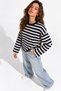 Women's Navy and Ecru Striped Cotton Crew Neck Oversized Blouse - 4