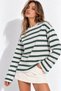 Women's Green and White Striped Cotton Crew Neck Oversized Blouse - 4
