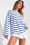 Women's Cobalt Blue and White Striped Cotton Crew Neck Oversized Blouse - 4