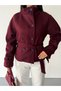 Arven high neck, belted, short, linered kaşe coat, black, brown. - 4