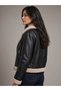 Women's Black Leather Pilot Jacket with Fur-Lined Design - Winter Jacket with Thick Sherpa Collar and Sleeve Details - 3