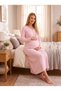 New Season Pink-Patterned Full-Length Easy-Breastfeeding Design Long-Sleeved 100% Cotton Postpartum and Maternity Robe and Nightgown Set - 7