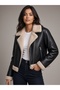 Women's Black Leather Pilot Jacket with Fur-Lined Design - Winter Jacket with Thick Sherpa Collar and Sleeve Details