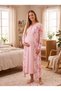 New Season Pink-Patterned Full-Length Easy-Breastfeeding Design Long-Sleeved 100% Cotton Postpartum and Maternity Robe and Nightgown Set