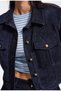 Navy Blue Velvet Textured Cropped Denim Jacket – Gold Buttons - 4