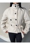 Arven high neck, belted, short, linered kaşe coat, black, brown. - 4