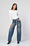 Wide-Leg Jeans with Striped Detail and Lace-Up Detail - Dark Blue