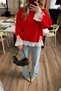 Women's Crew Neck Oversized Knit Sweater with Lace and Bow Detail - 3