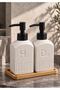 Daylora 350 ml Square Cream-Colored Liquid Soap Dispenser Set of 2 with Porcelain Bamboo Tray - 3