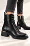 Women's Black Ankle Lace-Up Boots with Zipper, Thick Sole, and Block Heel