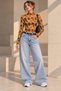 Women's Coffee-Orange Retro Patterned Mock Neck Long-Sleeve Tulle Blouse