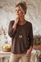 Italian Brown Pool-Neck Batwing Sleeve Collared Casual Oversized Knit Blouse 68 67