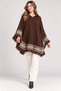Women's Brown Hooded Poncho with Ethnic Patterned Design and Tasseled Edges