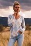 Italian Beige-Blue V-Neck Long-Sleeve Casual Angora Wool Blend Knit Blouse with Diamond Pattern, Size 63 56