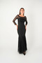 Evening Gown with Guipure Lace Top and Double-Layer Fabric Boat Neck - BLACK