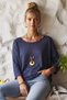 Italian Navy Blue Pool-Neck Batwing Sleeve Collared Casual Oversized Knit Blouse 68 67