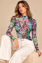Women's Multicolored Batik Print Mock Neck Long-Sleeved Tulle Blouse - 4