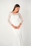 Top Guipure Lace Bottom Double Fabric Boat Neck Evening Dress - White - 3