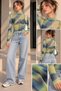 Women's Blue and Green Patterned Mock Neck Long-Sleeved Tulle Blouse - 3