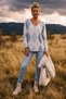 Italian Beige-Blue V-Neck Long-Sleeve Casual Angora Wool Blend Knit Blouse with Diamond Pattern, Size 63 56 - 4