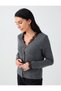 Anthracite V-Neck Straight-Cut Knit Cardigan with Lace Collar Detail - 5