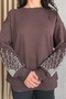 Brown Sleeves with Bead and Stone Embroidery, 100% Cotton Sweatshirt