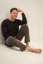 Men's black 100% cotton long sleeve pajama set, buttoned bicycle collar, pocket detailed - 2