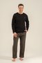 Men's black 100% cotton long sleeve pajama set, buttoned bicycle collar, pocket detailed - 3