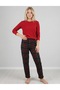 Suede pajama bottoms with plaid-patterned pockets