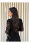 Women's Black Boat Neck Chain-Patterned Padded Shoulder Pad Long Evening Gown for Graduation - 4