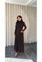 Women's Brown Boat Neck Chain-Patterned Padded Shoulder-Pad Long Evening Gown for Graduation