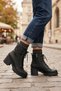 Women's Black Thick Heel Lace-Up Short Boots with Zip and Treaded Sole - 4