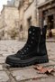 Women's Black Suede Lace-Up Casual Ankle Combat Boots with Side Zipper and Thick Sole - 5