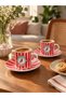 Coffee Cup Set, 2-Piece, Red Cup Set with Bird Pattern.