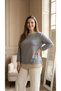 Women's Plus Size Blue and Beige Striped Long-Sleeve Basic Cotton Long Sweatshirt.