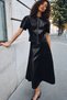Women's Faux Leather Midi Skirt with Stitching Details / Women's Faux Leather A-Line Midi Skirt - 2