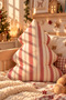 Christmas Tree Pillow 50 cm – Red Striped Linen Fabric, Filled Decorative Pillow.