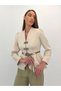 Avelina Belted Blazer with Belt Detail and Contrast Trimming, Paired with Pants—Cream and Light Khaki Suit - 3