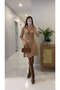 Billez Camel Long-Sleeved Knit Dress with Leather Details. - 6