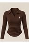 Embroidered Polo Collar Ribbed Stretch Long Sleeve Blouse