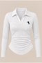 Polo Collar Blouse with Silver Embroidery and Ruffled Details