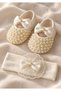 Ecru Pearl-Embellished Bowknot Baby Girl Booties and Hairband Set Yrn-102